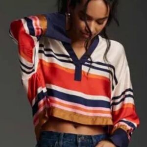 Maeve Silk Popover Blouse Multicolor Striped Crop Hoodie - Navy, Orange, Cream